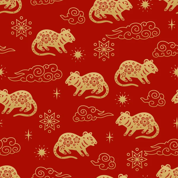 Chinese Traditional Oriental Ornament Background Zodiac Signs Mouse Pattern Seamless — Vector de stock