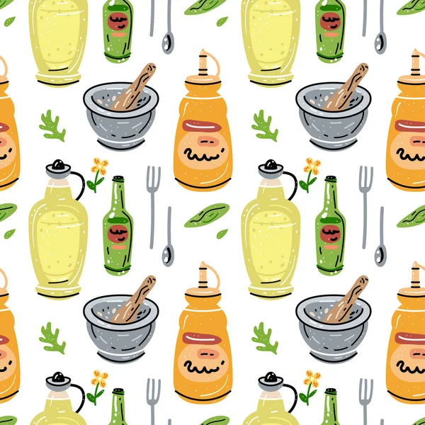 厨房设计 咖啡馆和餐厅菜单的明亮无缝图案 新鲜食物 蛋黄酱 — 图库矢量图片