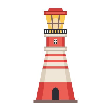 Deniz feneri simgesi beyaz vektörde izole edildi. Projektör lambasıyla izole edilmiş ikonu olan işaret kulesi. Vektör çizgili kule, navigasyon sembolü, denizci feneri..