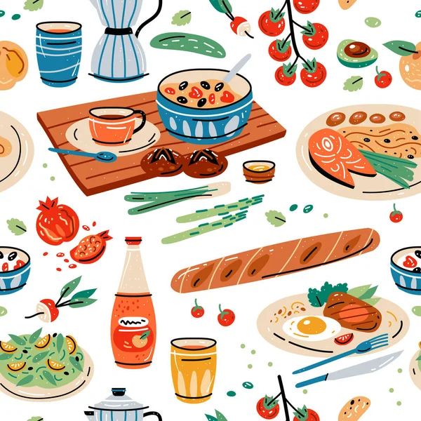 Patrón Inconsútil Color Alimentos Bebidas Ilustración Vectorial Para Diseño Del — Archivo Imágenes Vectoriales