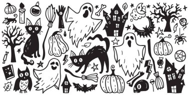 Horror set of Halloween sticker sketch set. Big set of hand drawn doodle. Collection halloween and magic elements. Pumpkins, ghost, skull, black cat, pot, hat.