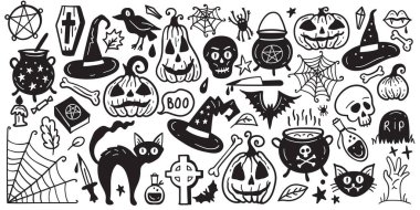 Horror set of Halloween sticker sketch set. Big set of hand drawn doodle. Collection halloween and magic elements. Pumpkins, ghost, skull, black cat, pot, hat.