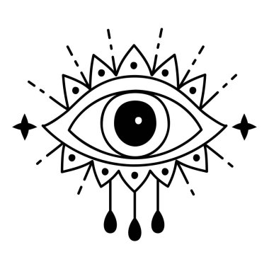 Evil doodle eye. Hand drawn witchcraft eye talisman, magical religion sacred symbol in a trending minimal linear style. For t-shirt prints, boho posters, cards, covers, logo designs and tattoos.