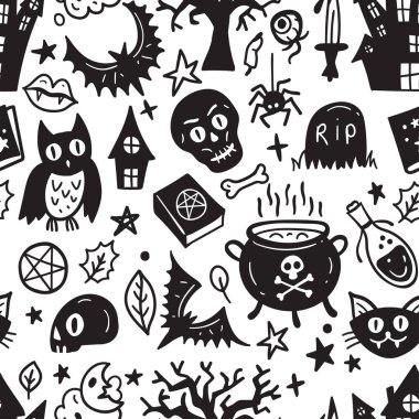 Monochrome seamless pattern of horror Halloween hand drawn doodle elements. Halloween background of magic elements. Pumpkins, ghost, skull, black cat, pot, hat.