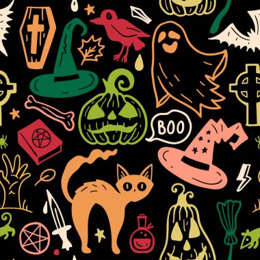 Bright seamless pattern of horror Halloween hand drawn doodle elements. Halloween background of magic elements. Pumpkins, ghost, skull, black cat, pot, hat.