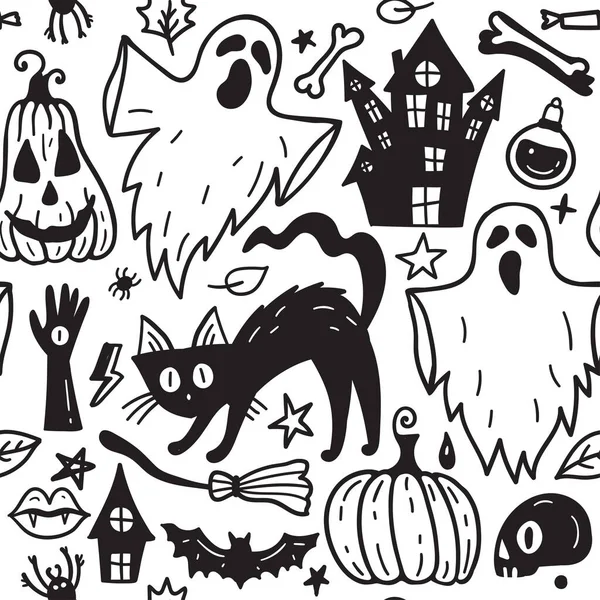 Монохромный Бесшовный Рисунок Ужасов Хэллоуина Нарисованный Вручную Элементами Каракулей Хэллоуин — стоковый вектор