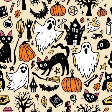Seamless vector pattern, magic hand drawn doodle. Magic hat, broom, potions, books, magic wand. Mystical holiday pattern.