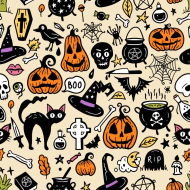 Seamless vector pattern, magic hand drawn doodle. Magic hat, broom, potions, books, magic wand. Mystical holiday pattern.