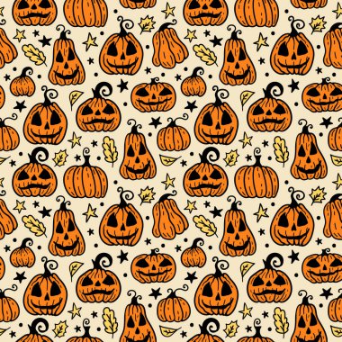 Bright seamless pattern of horror Halloween hand drawn doodle elements. Cute cartoon orange Halloween pumpkin on light background. Holiday background of magic elements. clipart