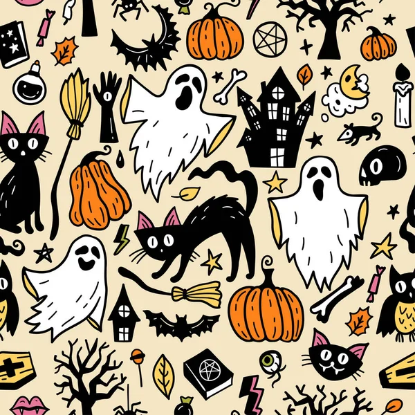 Seamless Vector Pattern Magic Hand Drawn Doodle Magic Hat Broom — 图库矢量图片