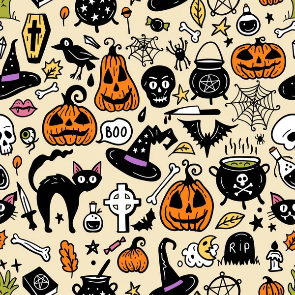 Seamless vector pattern, magic hand drawn doodle. Magic hat, broom, potions, books, magic wand. Mystical holiday pattern.