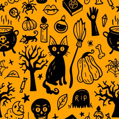 Bright seamless pattern of horror Halloween hand drawn doodle elements. Halloween background of magic elements. Pumpkins, ghost, skull, black cat, pot, hat.