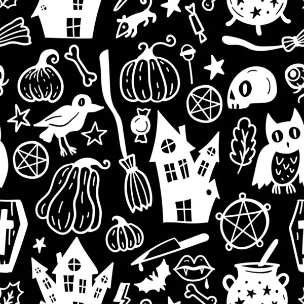 Bright Seamless Pattern Horror Halloween Hand Drawn Doodle Elements Halloween — Stock vektor