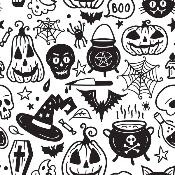 Monochrome Seamless Pattern Horror Halloween Hand Drawn Doodle Elements Halloween — Stockový vektor