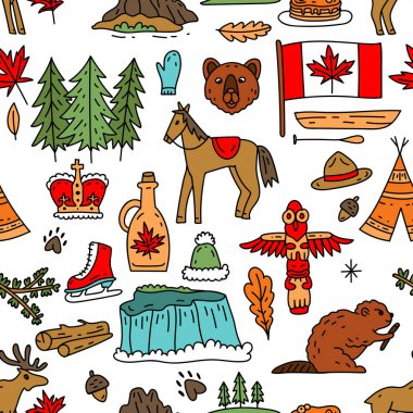 Vector seamless pattern on the theme of Canada. Pattern with colored symbols. Background for use in design, web site, packing, textile, fabric. Canada bright design.