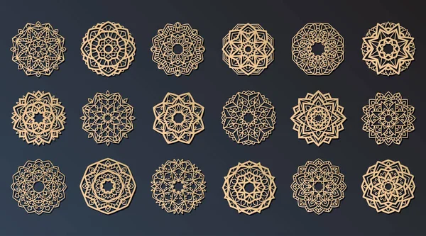 Lotus Mandala Vector Template Set Cutting Printing Oriental Silhouette Ornament — Vettoriale Stock