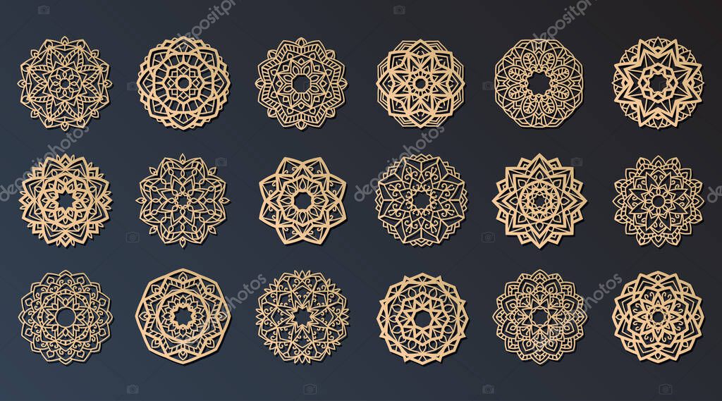 Lotus Mandala Vector Template Set for Cutting and Printing. Oriental silhouette ornament. Vector coaster design.