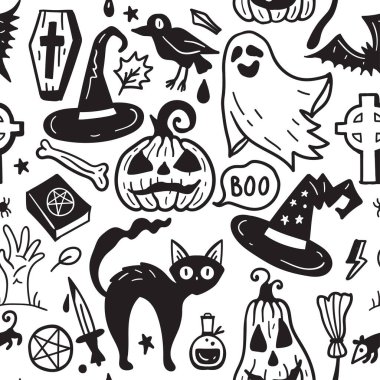 Monochrome seamless pattern of horror Halloween hand drawn doodle elements. Halloween background of magic elements. Pumpkins, ghost, skull, black cat, pot, hat.