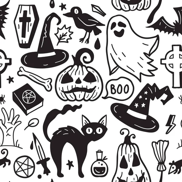 Monochrome seamless pattern of horror Halloween hand drawn doodle elements. Halloween background of magic elements. Pumpkins, ghost, skull, black cat, pot, hat.