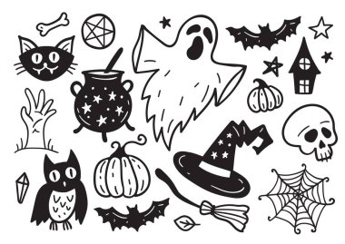 Halloween Drawings vector set of design elements. Set of hand drawn doodle. Pumpkin, ghost, web