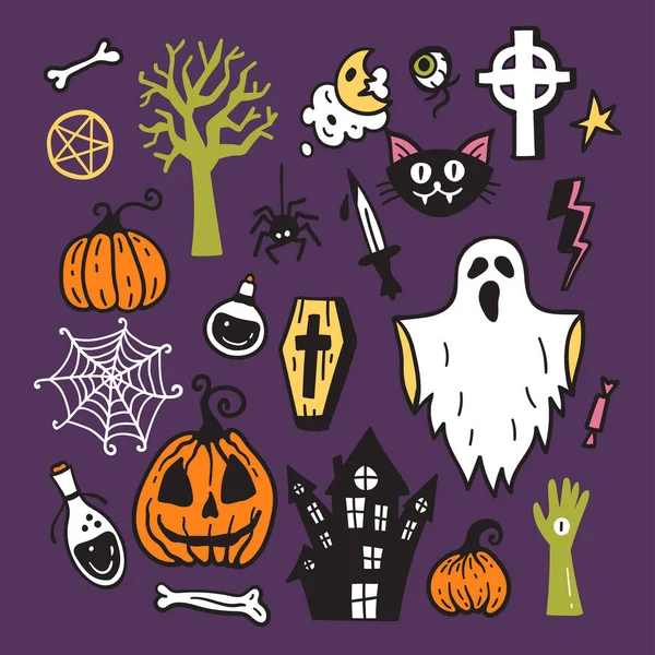 Bright Collection Halloween Sticker Sketch Set Big Set Hand Drawn — Stockvector