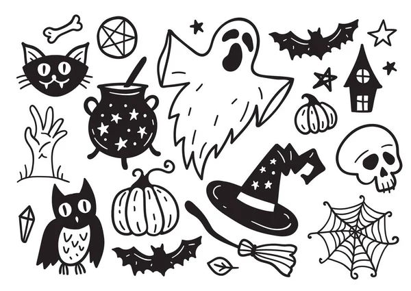 Halloween Drawings vector set of design elements. Set of hand drawn doodle. Pumpkin, ghost, web