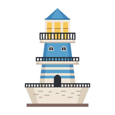 Deniz feneri simgesi beyaz vektörde izole edildi. Projektör lambasıyla izole edilmiş ikonu olan işaret kulesi. Vektör çizgili kule, navigasyon sembolü, denizci feneri..