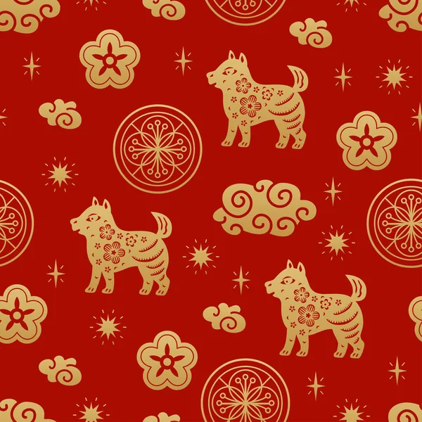 Chinese Traditional Oriental Ornament Background Zodiac Signs Dog Pattern Seamless — Vettoriale Stock