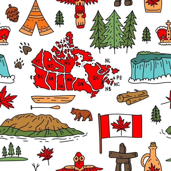Vector seamless pattern on the theme of Canada. Pattern with colored symbols. Background for use in design, web site, packing, textile, fabric. Canada bright design.