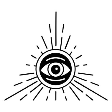 Şeytani çizik göz. El çizimi büyücülük göz tılsımı, en az çizgisel tarzda büyülü din sembolü. Tişört baskıları, boho posterleri, kartlar, kapaklar, logo tasarımları ve dövmeler için..