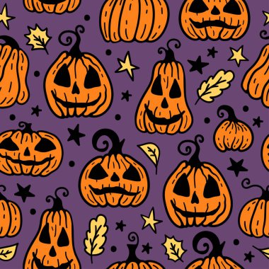 Vector seamless pattern with orange Halloween pumpkin on violet. Halloween background of magic elements.