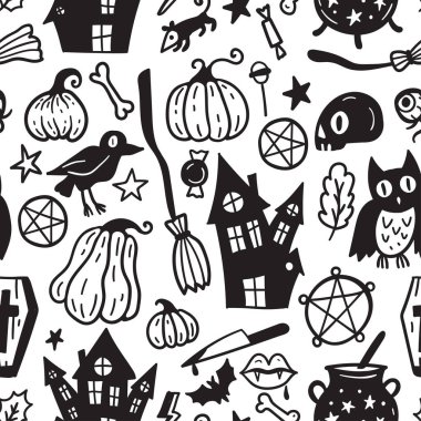 Monochrome seamless pattern of horror Halloween hand drawn doodle elements. Halloween background of magic elements. Pumpkins, ghost, skull, black cat, pot, hat.