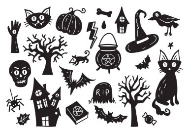 Halloween Drawings vector set of design elements. Set of hand drawn doodle. Pumpkin, ghost, black cat