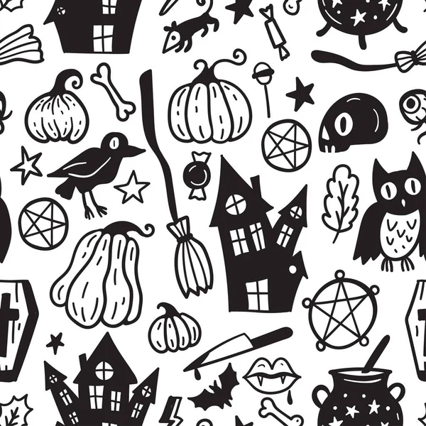 Monochrome Seamless Pattern Horror Halloween Hand Drawn Doodle Elements Halloween — Stockvektor