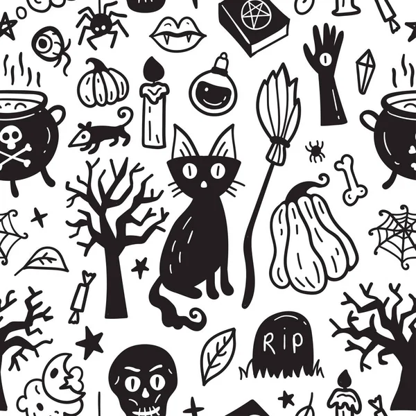 Monochrome Seamless Pattern Horror Halloween Hand Drawn Doodle Elements Halloween — Vector de stock