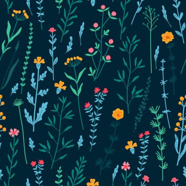 Amazing floral vector seamless pattern of vibrant colorful flowers in a cute vintage style. Beautiful colorful flowers background. Spring primitive texture. Folk style design concept for fashion print