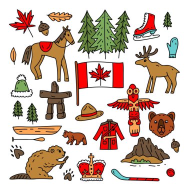 Canada vector travel symbols set. Collection of national canadian icons. Set of design elements in a flat style. Tourism. Vector concept for greeting cards, banners and posters.