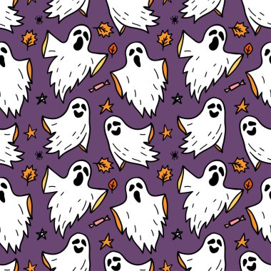 Cloth Ghost seamless pattern. Flying Phantoms. Halloween scary ghostly monsters. Cute cartoon spooky characters. Holiday Silhouettes. Horror Halloween hand drawn doodle background