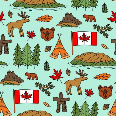 Vector seamless pattern on the theme of Canada. Pattern with colored symbols. Background for use in design, web site, packing, textile, fabric. Canada bright design.