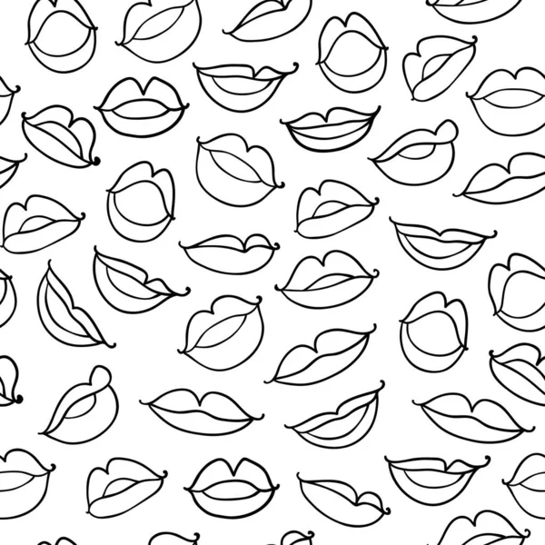 Vector Monochrome Seamless Pattern Contour Sketch Lips White Background Illustration — Stock Vector