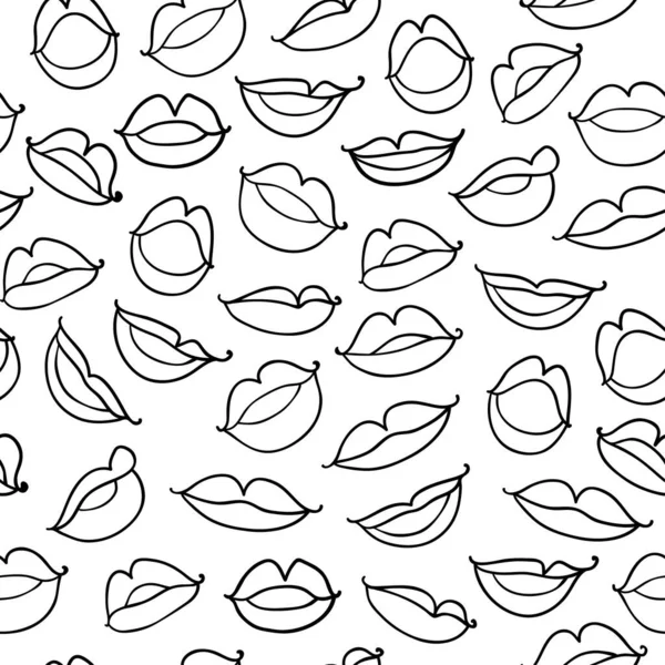 Vector Monochrome Seamless Pattern Contour Sketch Lips White Background Illustration — Image vectorielle