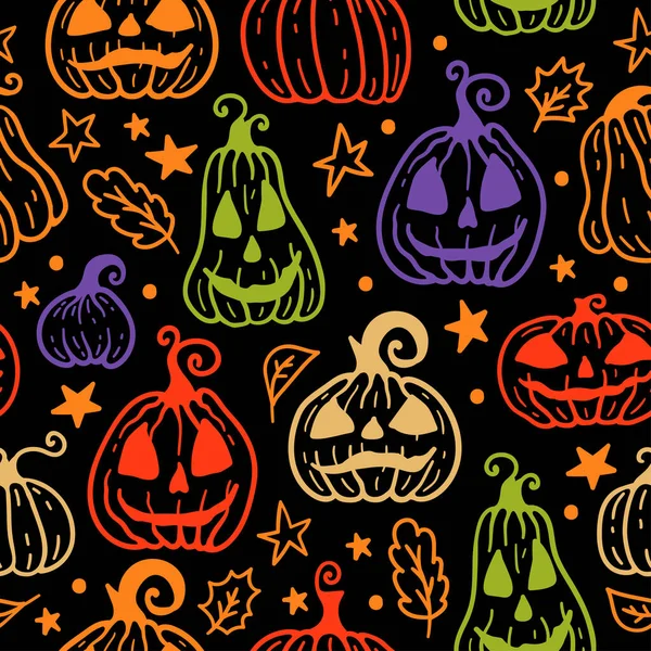 Bright Multicolored Seamless Pattern Cartoon Halloween Pumpkin Black Mystical Holiday — Stock Vector