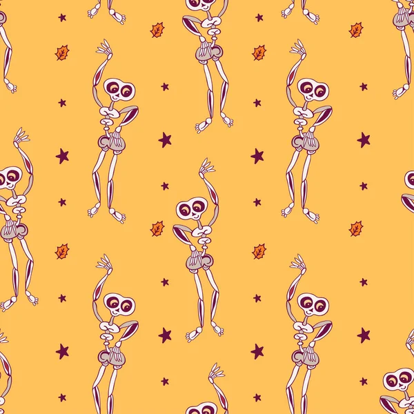 Seamless Pattern Skeletons Dancing Party Human Skeletons Various Poses Isolated — Vetor de Stock