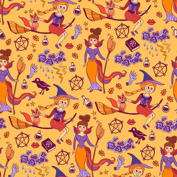 Cute Young Witch Broomstick Seamless Pattern Halloween Cartoon Character Background — Image vectorielle