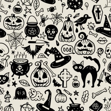 Monochrome seamless pattern of horror Halloween hand drawn doodle elements. Halloween background of magic elements. Pumpkins, ghost, skull, black cat, pot, hat.