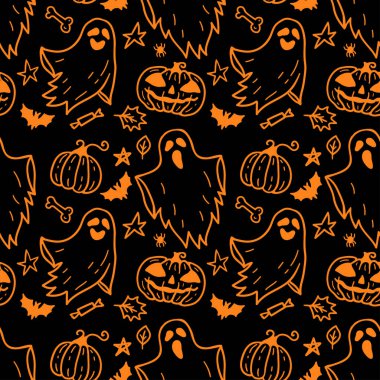 Siyah arka planda şirin hayaletlerin tek renkli, kusursuz desenleri. Korkunç cadılar bayramı el yazısı karalama arkaplanı. Kumaş Hayaletleri. Uçan Hayaletler. Cadılar Bayramı kabaklı korkunç hayalet canavarlar