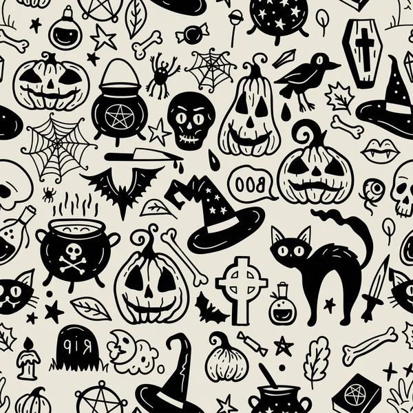 Монохромный Бесшовный Рисунок Ужасов Хэллоуина Нарисованный Вручную Элементами Каракулей Хэллоуин — стоковый вектор