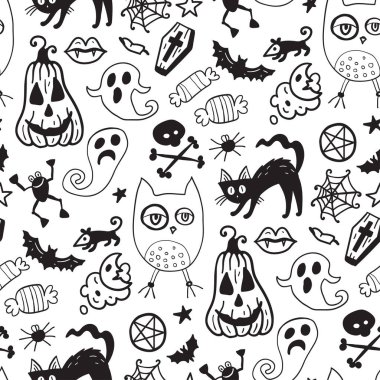 Monochrome seamless pattern of horror Halloween hand drawn doodle elements. Halloween background of magic elements. Pumpkins, ghost, skull, black cat, pot, hat.
