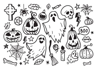 Halloween Drawings vector set of design elements. Set of hand drawn doodle. Pumpkin, ghost, web