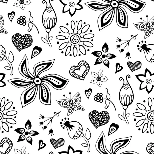 Patrón Floral Sin Costuras Con Contorno Flores Hojas Fondo Ilustración — Archivo Imágenes Vectoriales